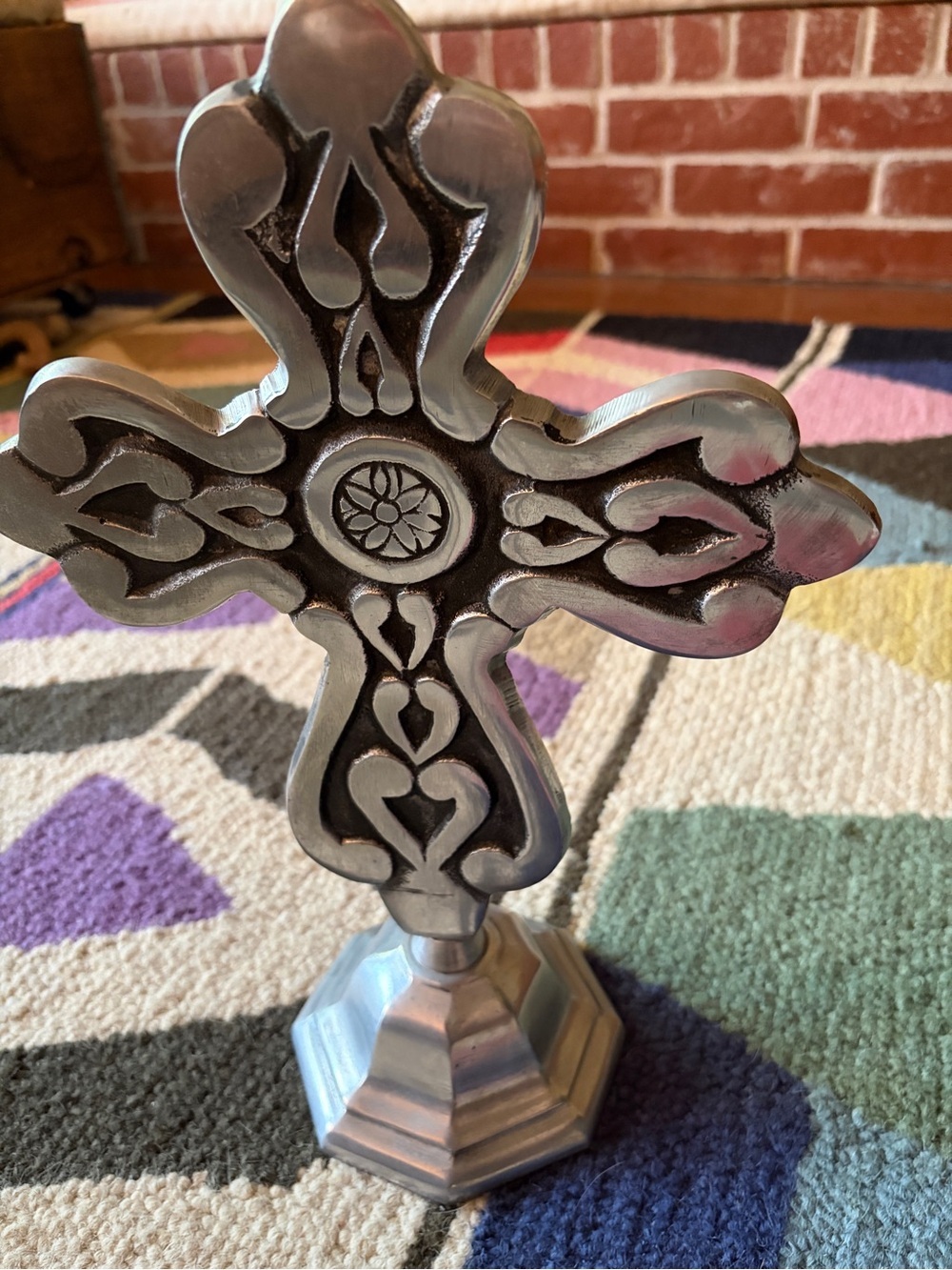 Excellent condition silver decorative cross. 14” tall. Ornate. Statement.